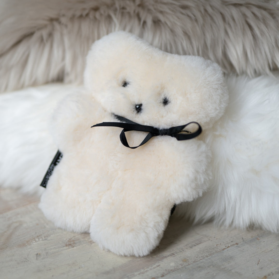 FLATOUT sheepskin teddy bear natural baby comforter safe for newborns in soft milk lambskin a luxury and unique baby gift