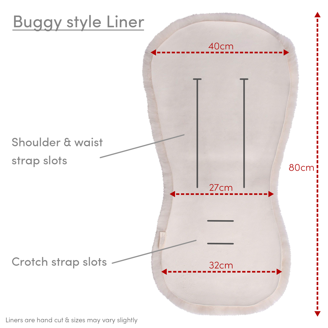 Customer information showing detail of sheepskin pram and buggy style with a tapered waist and the perfect fit for the cybex pram