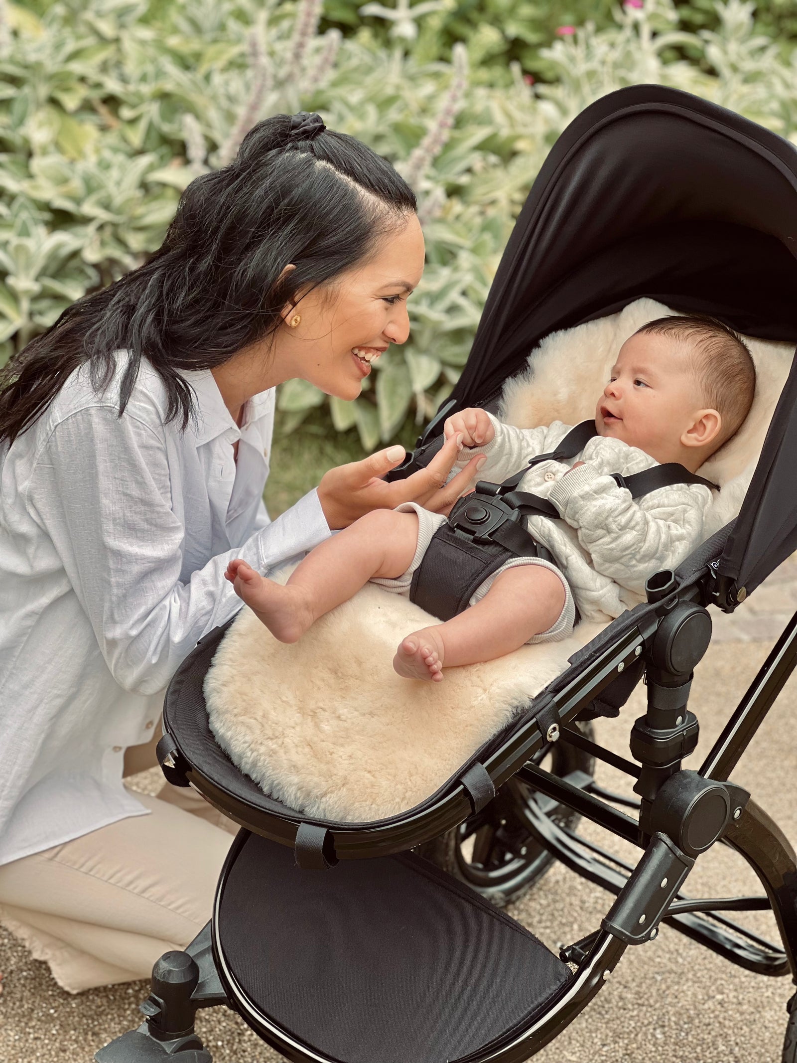 Sheepskin pram liner in the summer keeping baby cool in a bugaboo fox pram