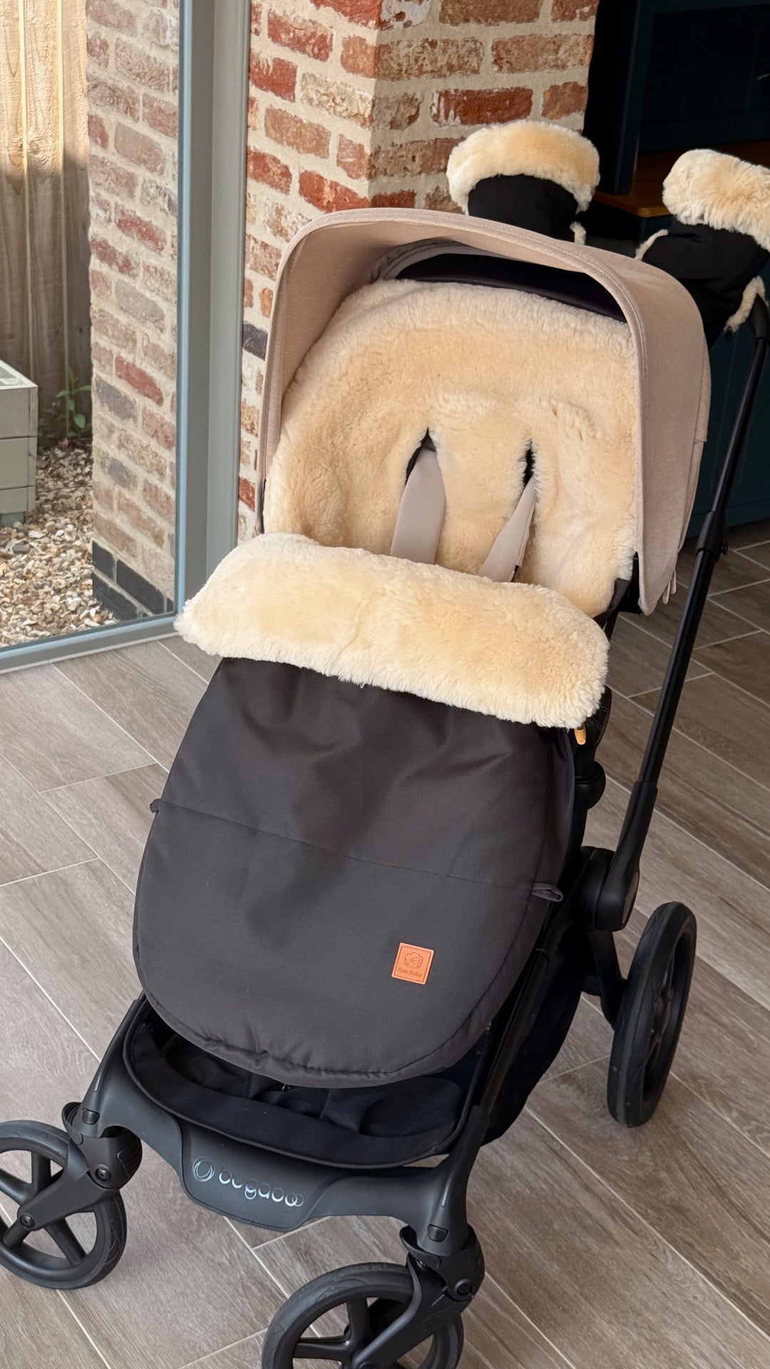 Bugaboo Fox 5 fitted with luxury sheepskin footmuff for winter