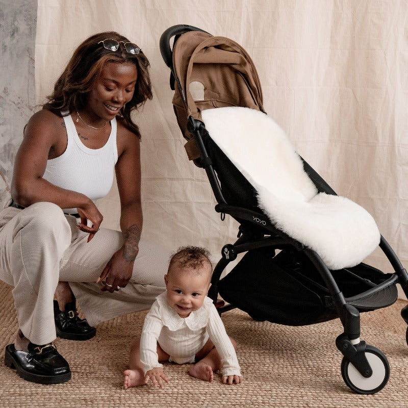 Pram Liner for 5 Point Harness Pushchairs with 100% Natural Sheepskin in Gender Neutral Ivory