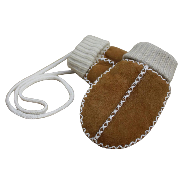 Baby mittens on string camel colour