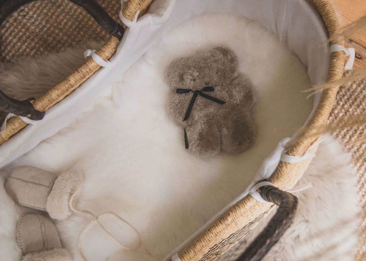 Woven Moses Basket lined with Sheepskin