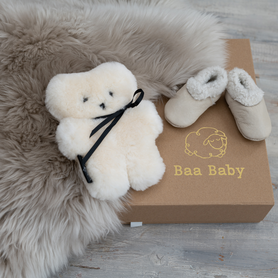 baa baby giftbox sheepskin baby rug FLATOUT bear lambskin baby booties
