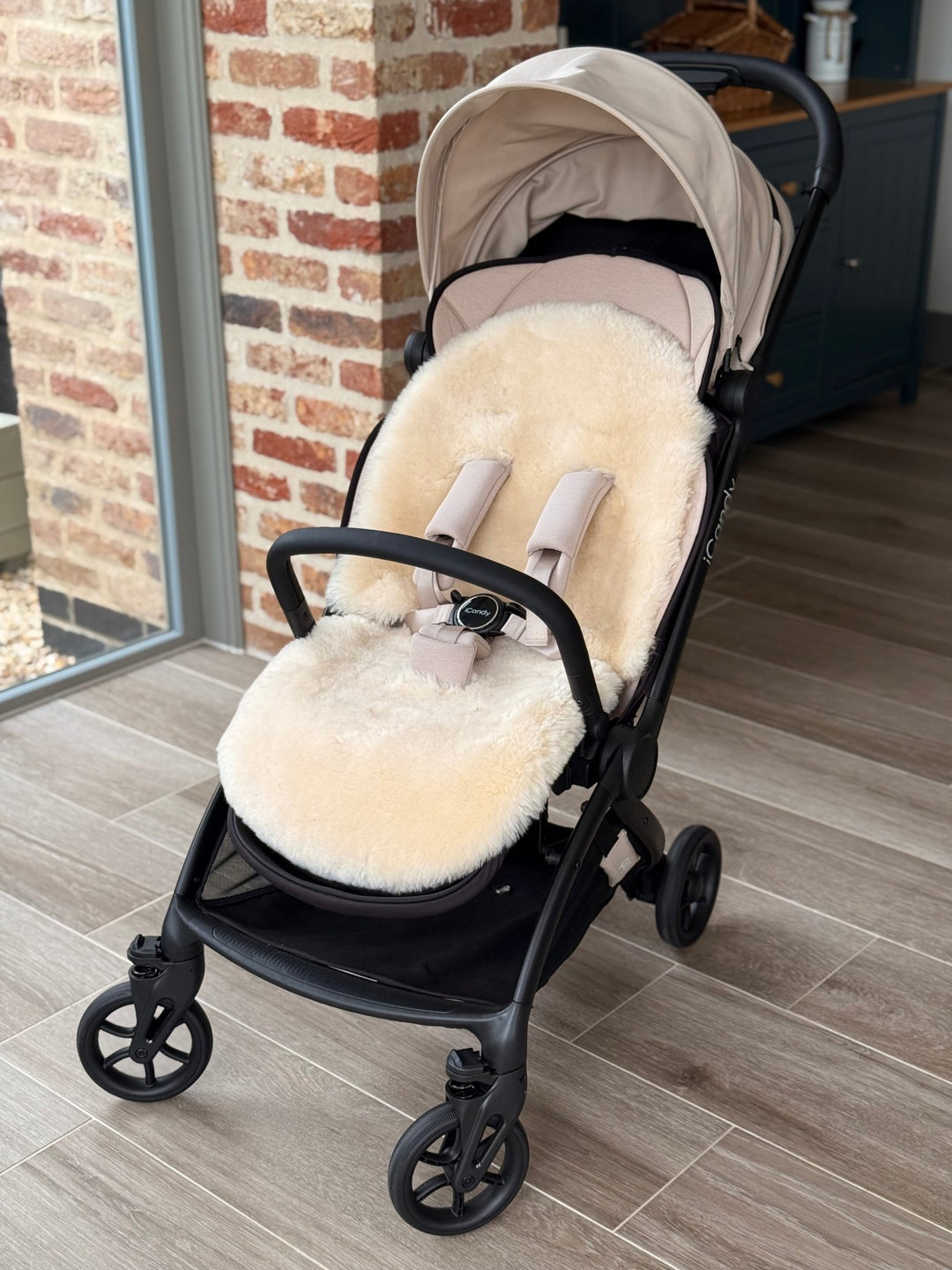 Sheepskin liner neutral in milk to fit the iCandy Pip pram used by Molly Mae