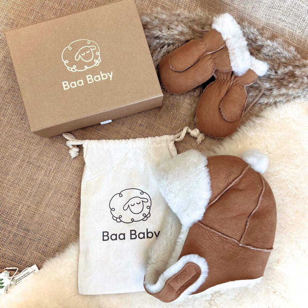 Christmas gift selection of natural sheepskin for baby with gift ready luxury gift boxes and reusable cotton bags