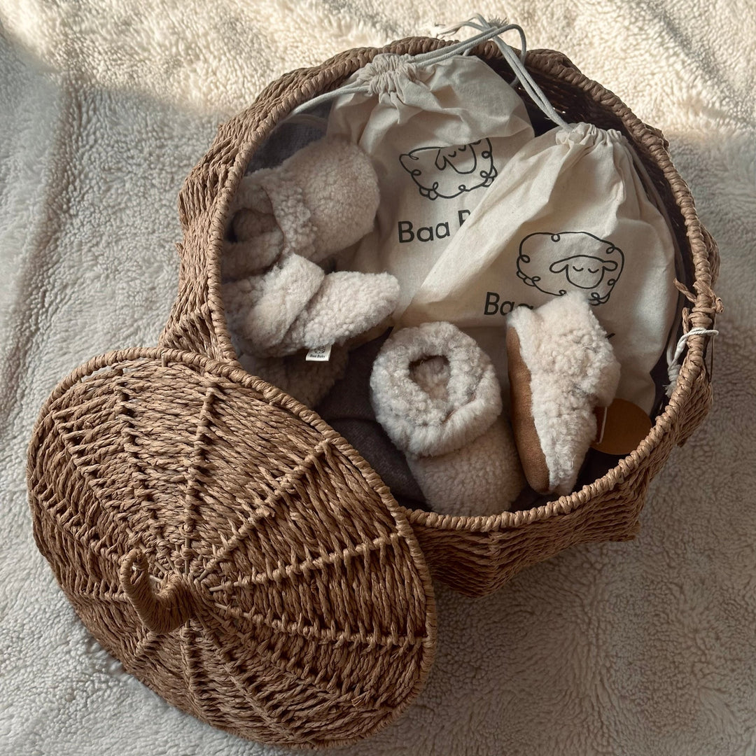 Neutral boucle merino sheepskin baby and toddler booties