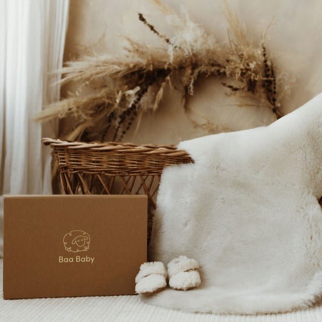 Baby Showe Gift box with gender neutral natural sheepskin pram or carrycot liner and milk sheepskin comforter bear, unique and sustainable