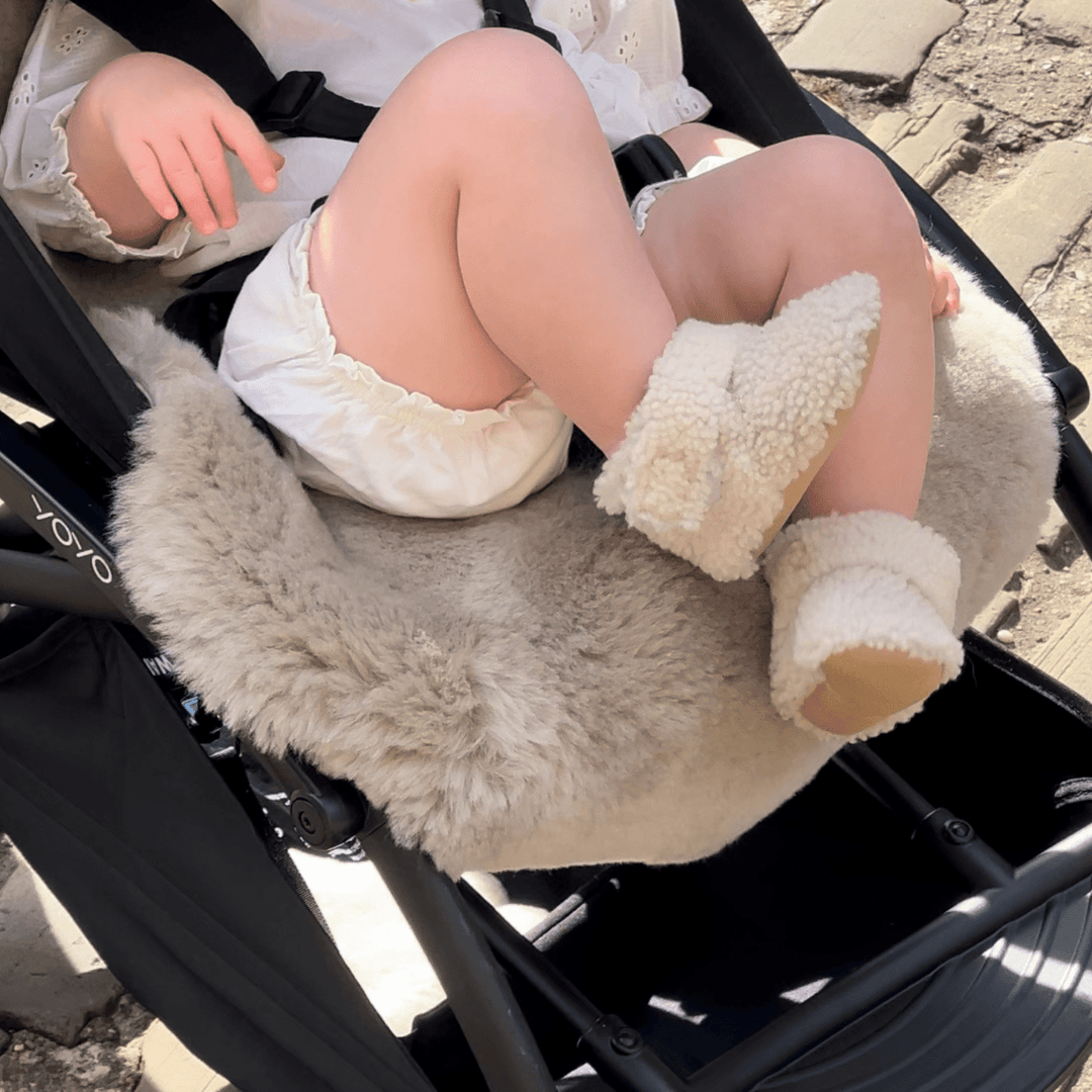 Neutral boucle merino sheepskin baby and toddler booties