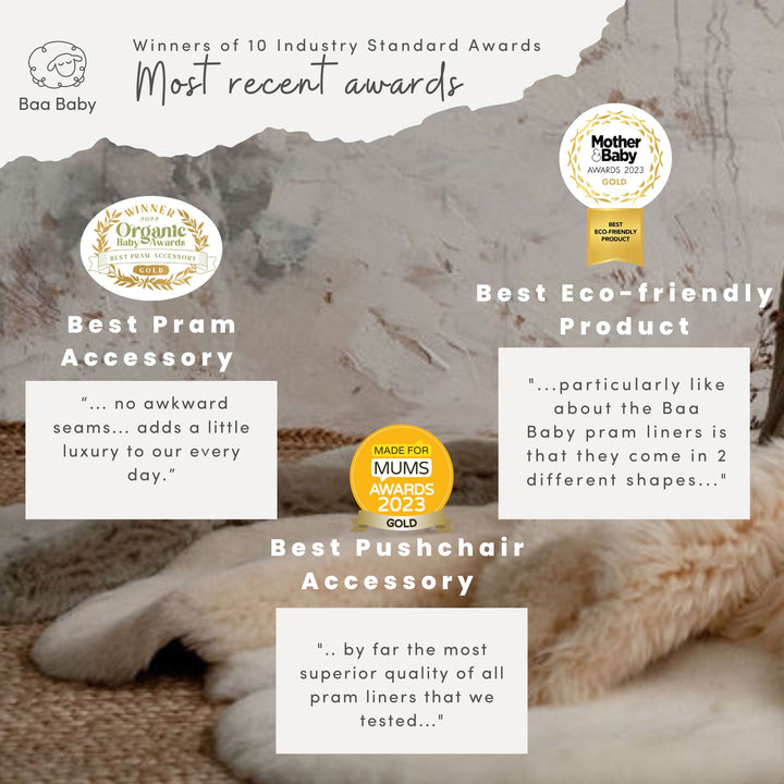 Award winning sheepskin pram liner of 2023, moth and baby best eco product