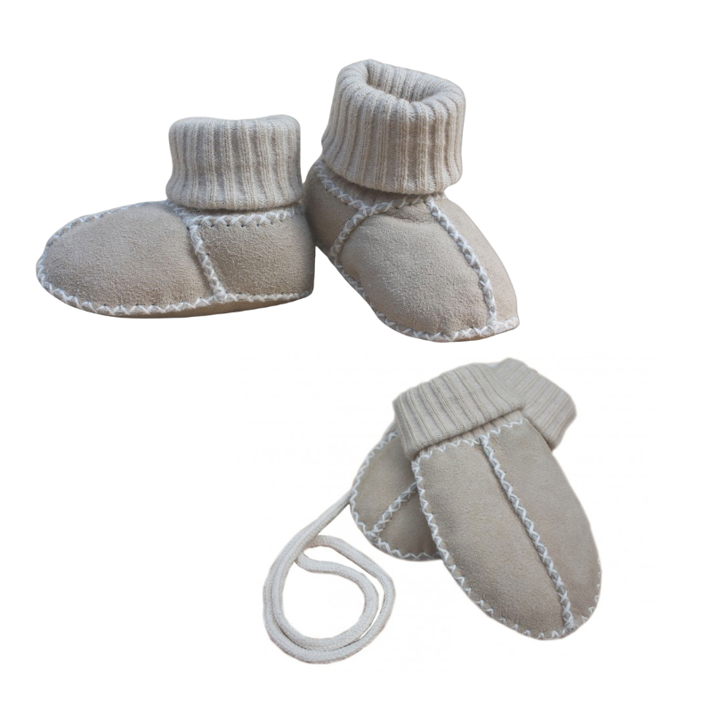 sheepskin baby puddy mittens and sock booties with free premium gift wrap