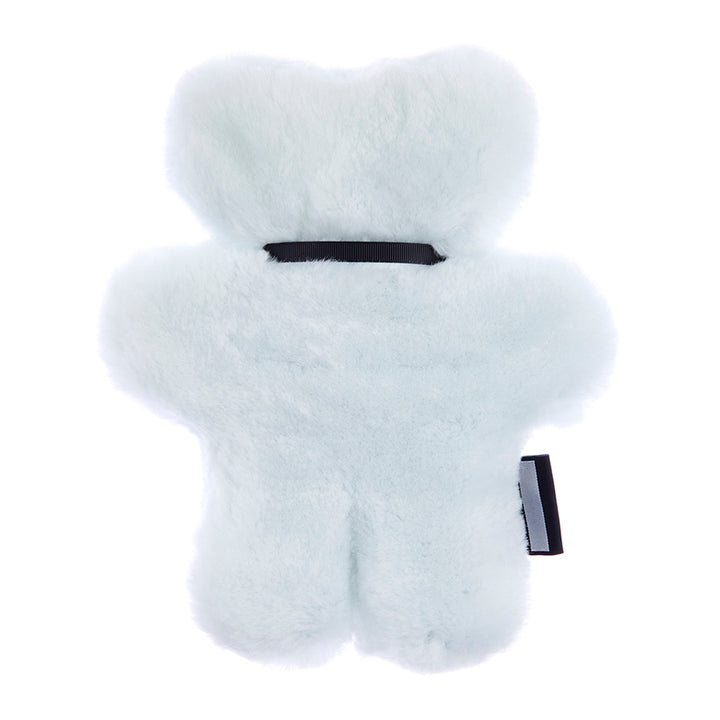 Flat sheepskin teddy bear, back of the bear  in baby blue sheepskin comforter