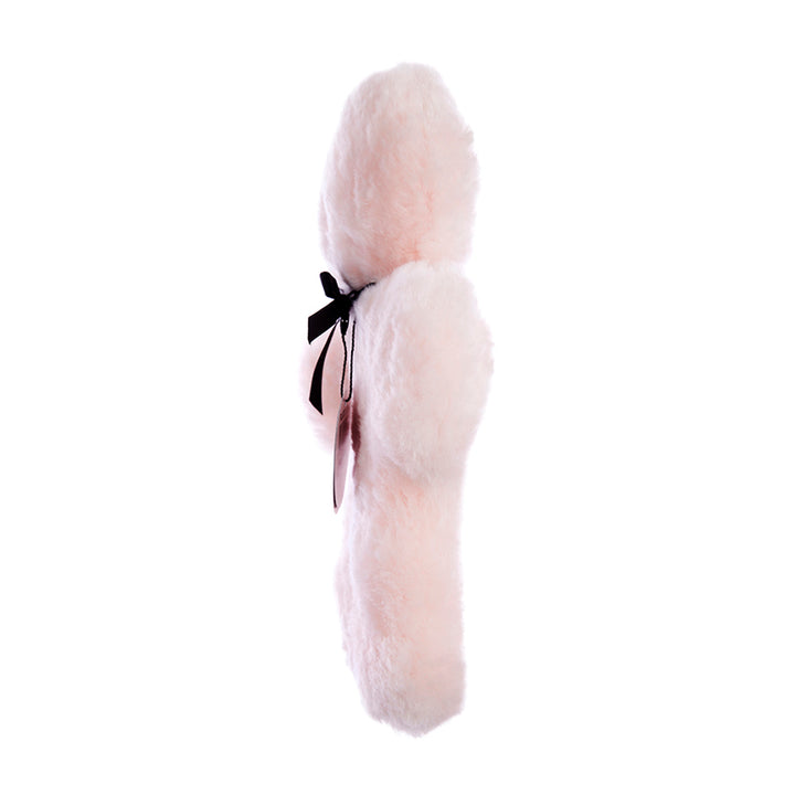 FLATOUT sheepskin rosie bear, pink flat teddy showing side profile of the exact shape of this gorgeous toddler toy