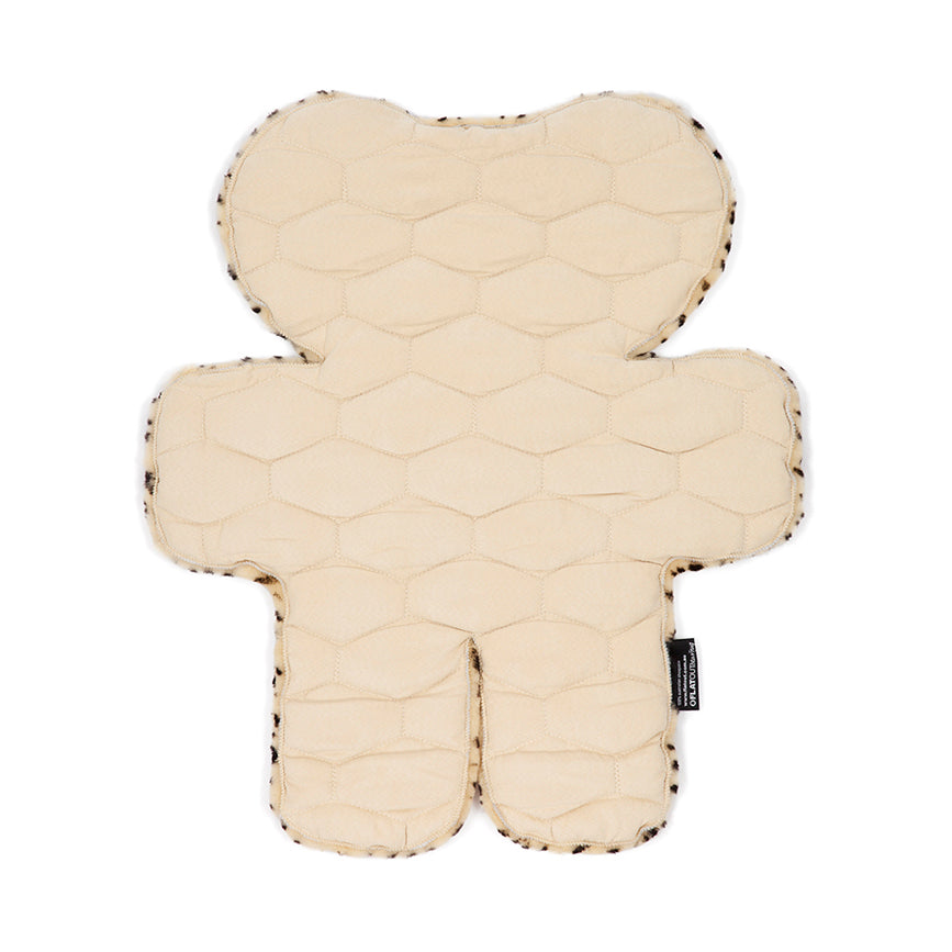Backing of sheepskin leopard print rug from FLATOUT bear showing padding  on the back of the leather