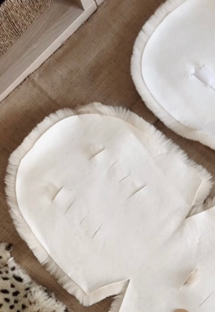 Sheepskin pram style liner for 5 point harness prams such as candy