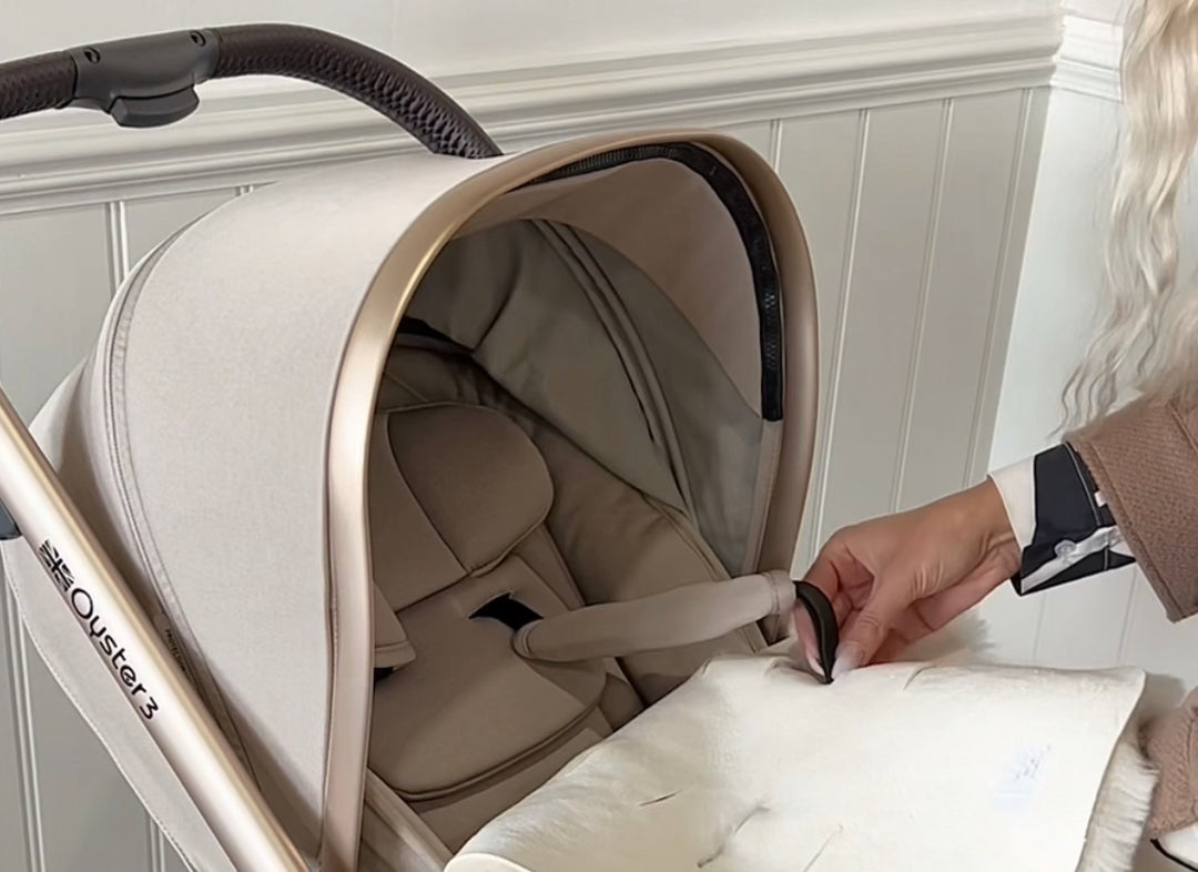 Sheepskin pram style liner neutral and natural for 5 point harness prams