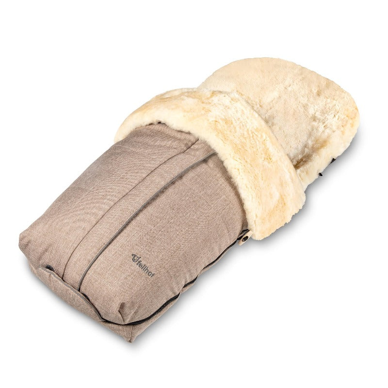 Sheepskin footmuff with beige outer and honey lined lambskin, premium quality, waterproof and universal fit for buggies and prams