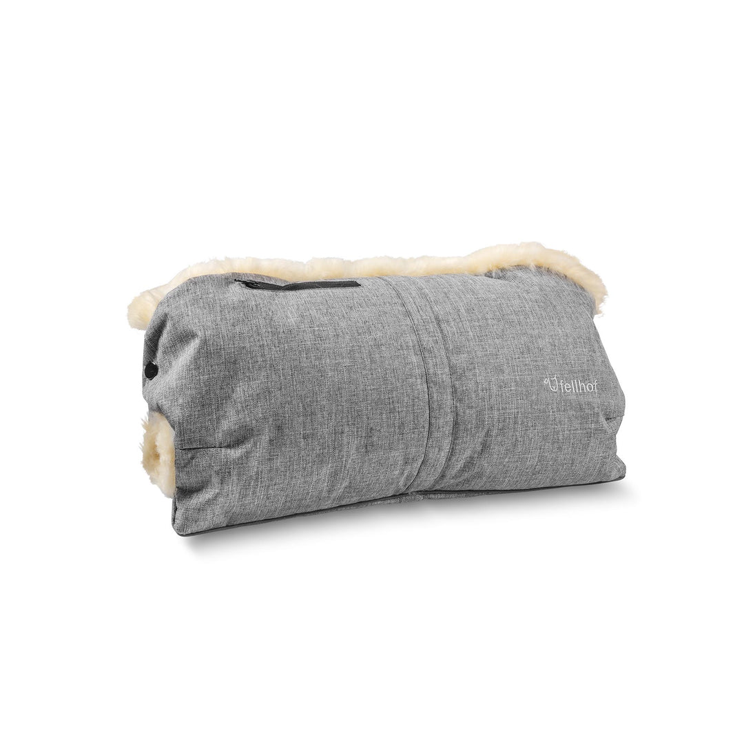Fellhof sheepskin pram handwarmer in grey, buggy mitts that will keep your hands warm without the hassle of gloves