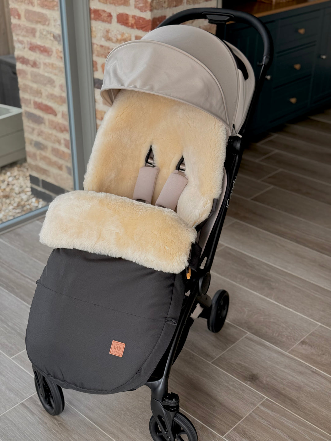 iCandy Pip Stroller with sheepskin pram footmuff fitted 