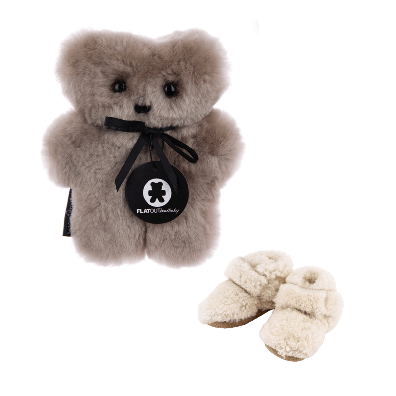 Baby Shower gift set bundle with natural sheepskin bear and teddy merino booties