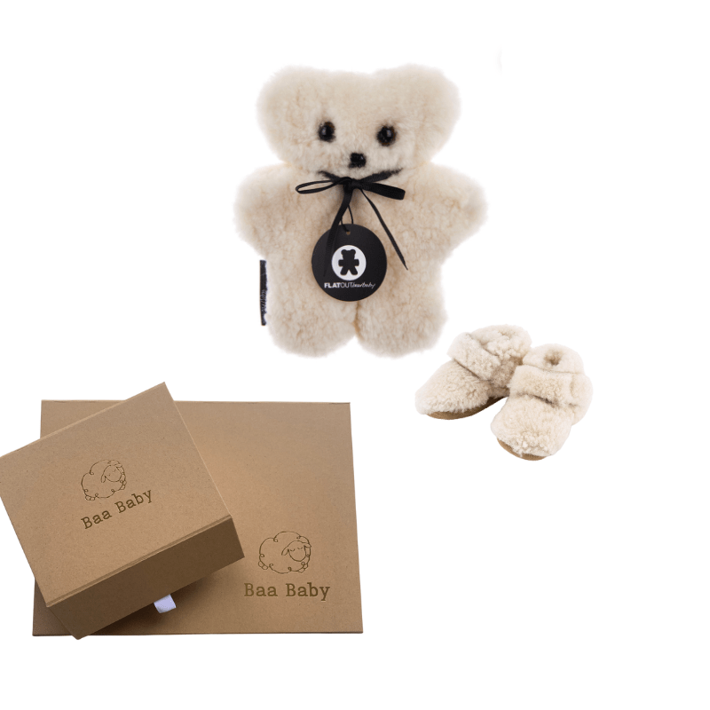 Baby shower gift set with milk flatout sheepskin bear comforter and teddy boucle booties