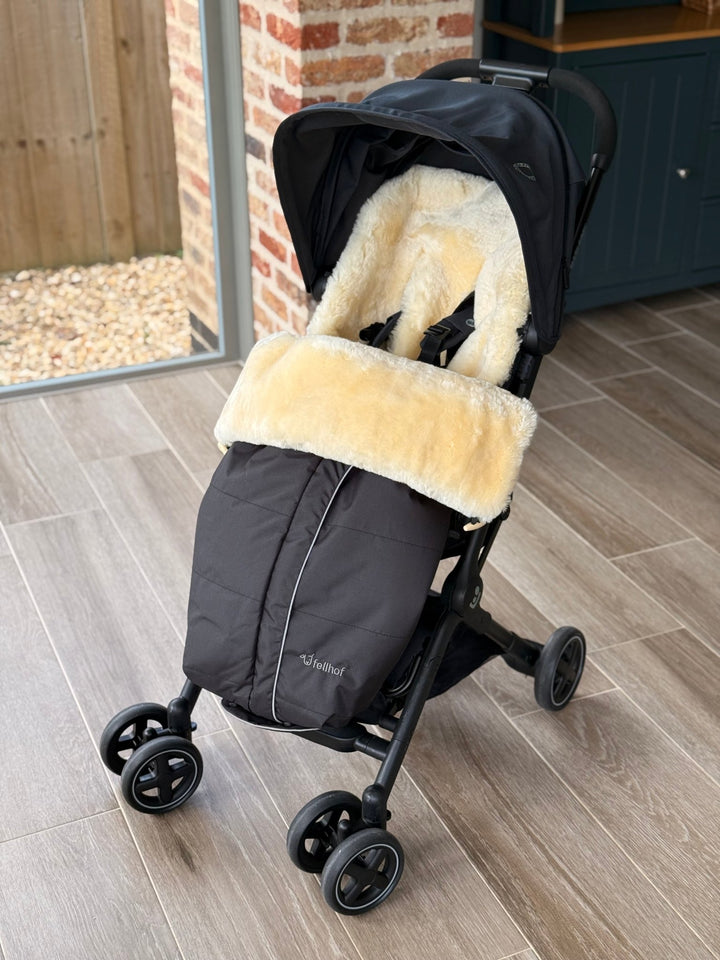 Fellhof sheepskin pram footmuff in the maxi cosi pram