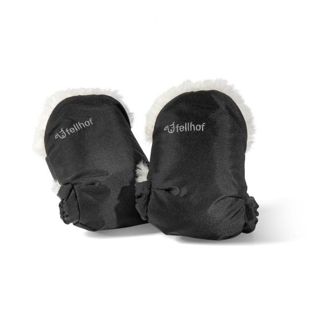Fellhof sheepskin buggy and pram mittens to keep parents hands warm when out in the cold, attachable to the buggy handlebars 