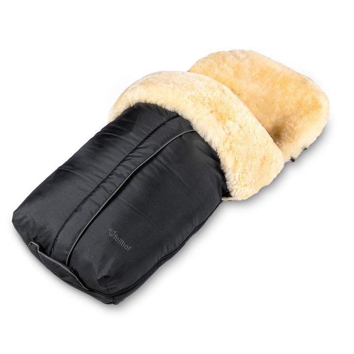 Fellhof Cortina Black sheepskin merino luxury footmuff which converts to a pram liner, with waterproof outer and fully washable
