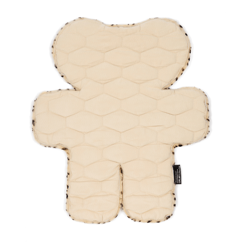 Rear of leopard print FLAT teddy bear sheepskin rug, rear  of the rug with padding over the leather for additional comfort