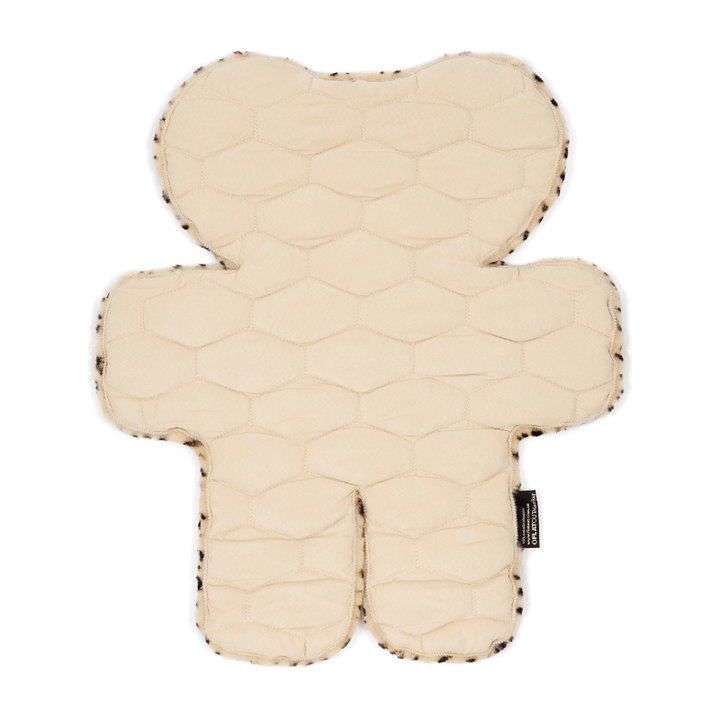 Rear of leopard print FLAT teddy bear sheepskin rug, rear  of the rug with padding over the leather for additional comfort