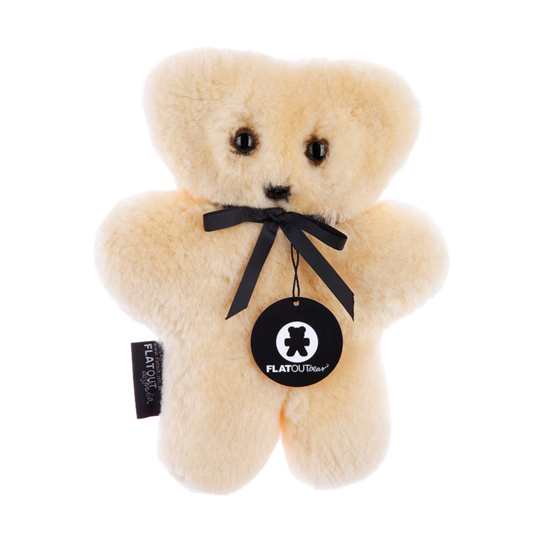 Front View of Natural Honey Lambskin FLATOUT Bear for Easy Grip with Baby Safe Eyes