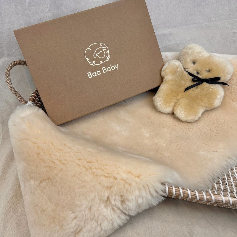 Sheepskin Honey FLATOUT Bear and Bassinet Liner Sustainable Baby Gift