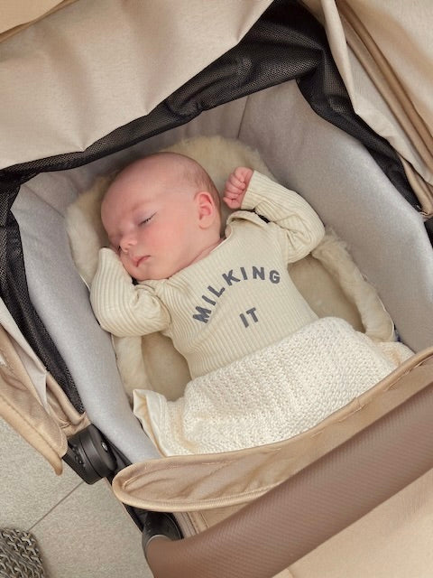 Newborn asleep on a sheepskin buggy liner placed in the carrycot of a new pram