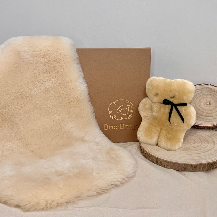 Sheepskin Honey FLATOUT Bear and Bassinet Liner Sustainable Baby Gift