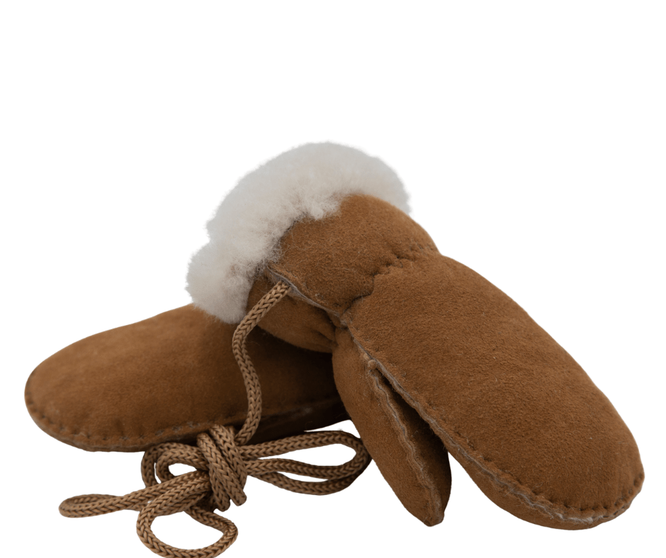 sheepskin baby toddler mittens fully lined merino with thumbs, on string