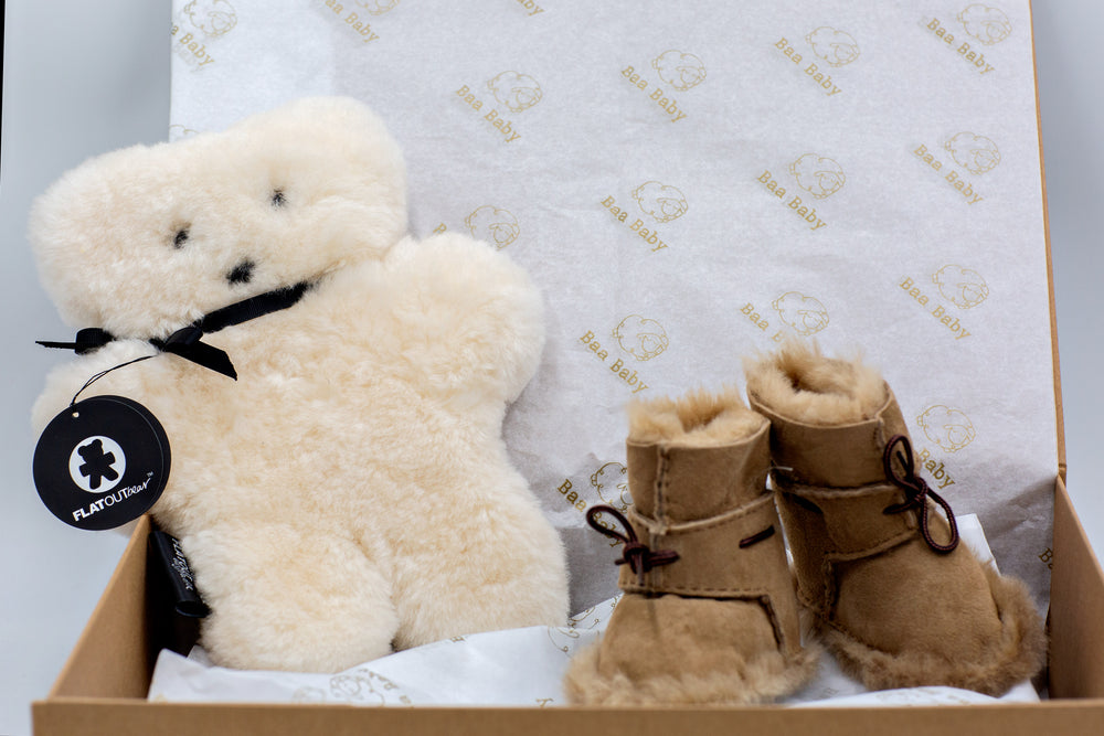 Premium Sheepskin Baby Gift with Milk FLATOUT Bear and Snuggly Booties