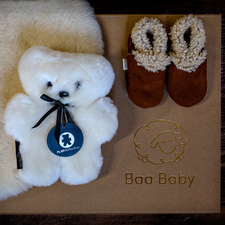Luxury Magnetic Keepsake Gift Box with Sheepskin Booties, Liner and Bear