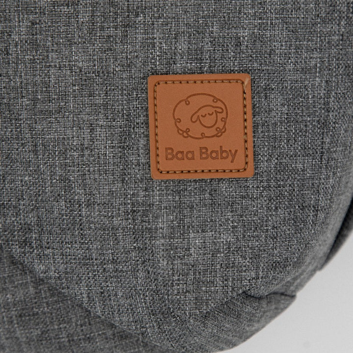 baa baby logo on grey sheepskin footmuff