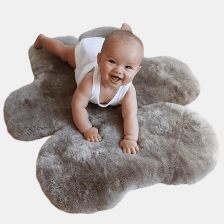 Baby Crawling on Latte Baby Bear FLATOUT Rug for Tummy Time and Sleep