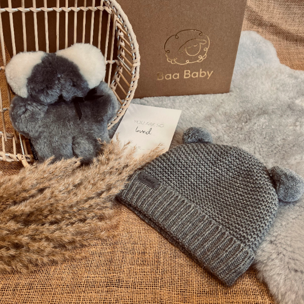 Sheepskin flatout koala bear comfort snuggler from Australia and merino wool bobble hat for toddler