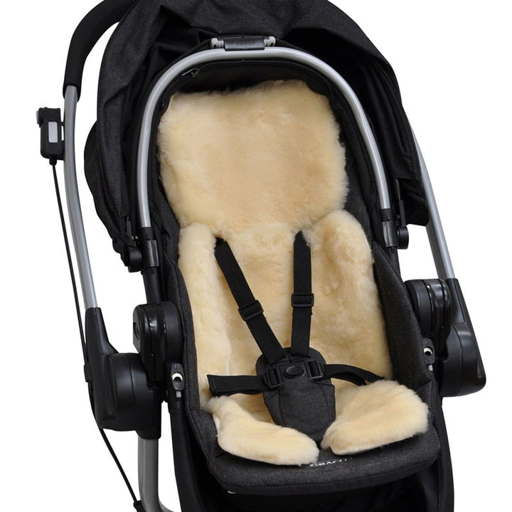 Bowron Lambskin Liner Shown in Pram Harness to Promote Temperature Regulation and Comfort
