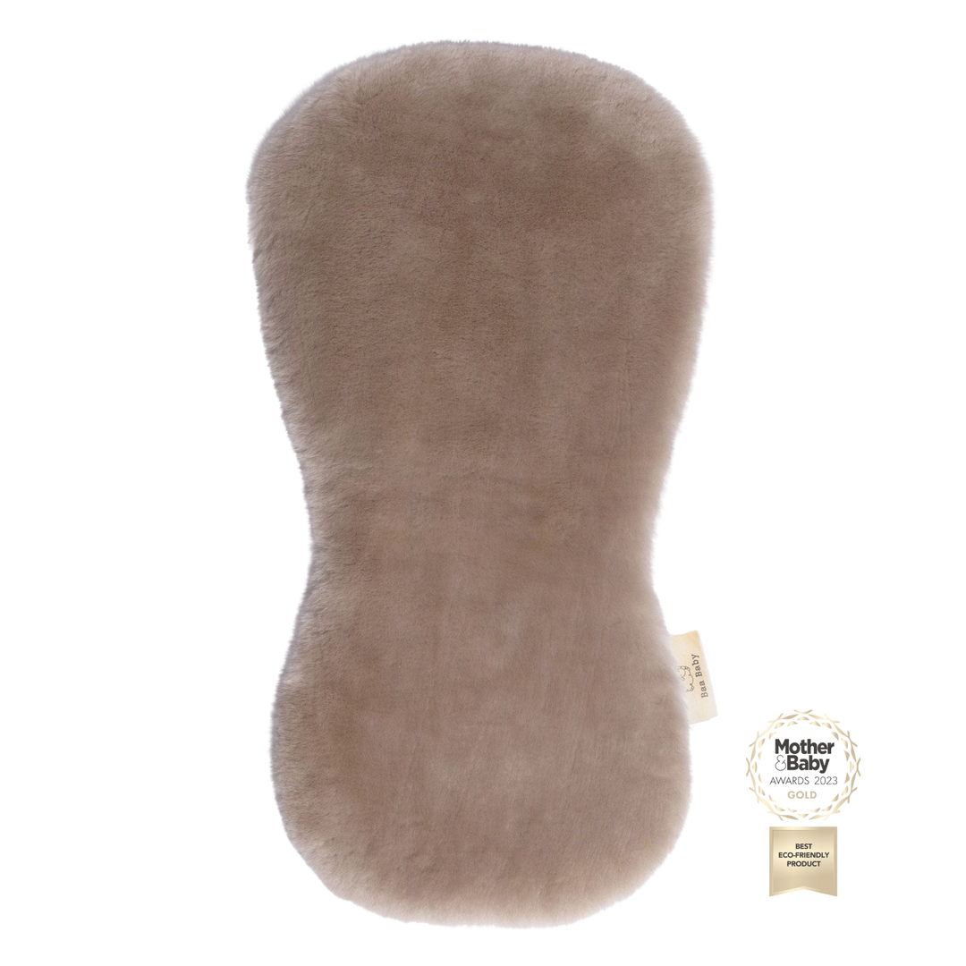 Pale Brown Natural Shorn Lambskin Bugaboo™ Pram Liner for Comfort and Sleep, and to keep babies cool in the summer.  Fits a 3 point harness such as cybex
