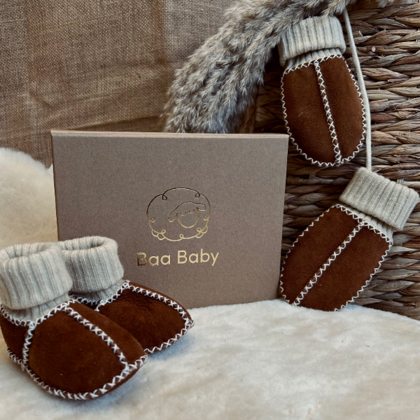 sheepskin baby puddy mittens and sock booties with free premium gift wrap