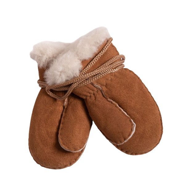 Sustainable Lambskin Mittens with Elasticated Cuff and String in Gender Neutral Brown with Sheepskin Fur Lining