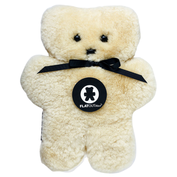 Front View of Natural Honey Lambskin FLATOUT Bear for Easy Grip with Baby Safe Eyes