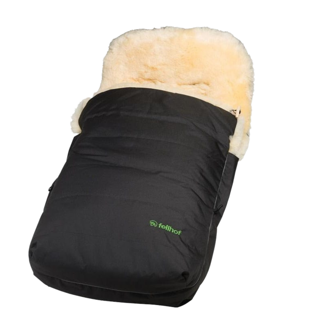 Fellhof Classic Footmuff in Black with Pale Honey Lambskin Shown with Adjustable Toggle and Fastenings