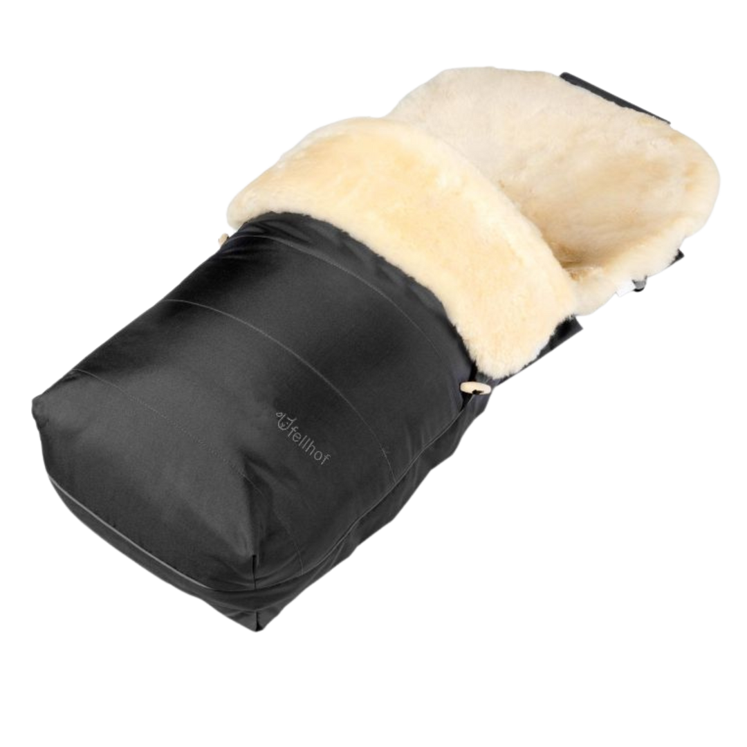 Fellhof Classic Footmuff in Black with Pale Honey Lambskin Shown with Adjustable Toggle and Fastenings