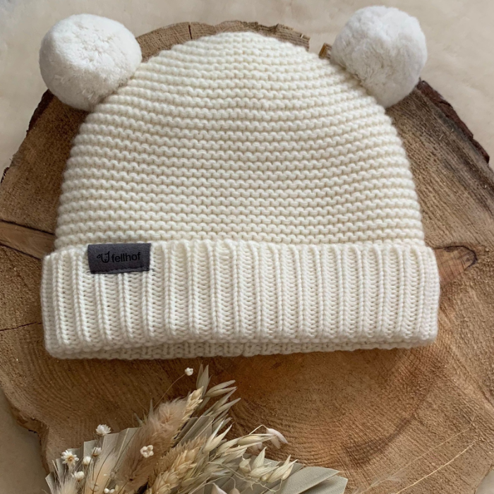 Gender Neutral Sustainable Merino Wool Pom Pom Hat in Off White for Babies